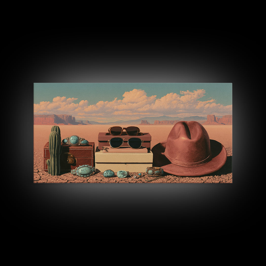 Turquoise Jewelry and Leather Still Life Framed Canvas Print, Southwestern Art, Printable Wall Art, Southwestern Decor, Mesa, SOU-2x1-7