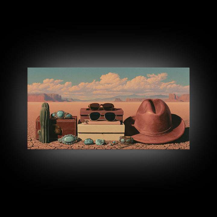 Turquoise Jewelry and Leather Still Life Framed Canvas Print, Southwestern Art, Printable Wall Art, Southwestern Decor, Mesa, SOU-2x1-7