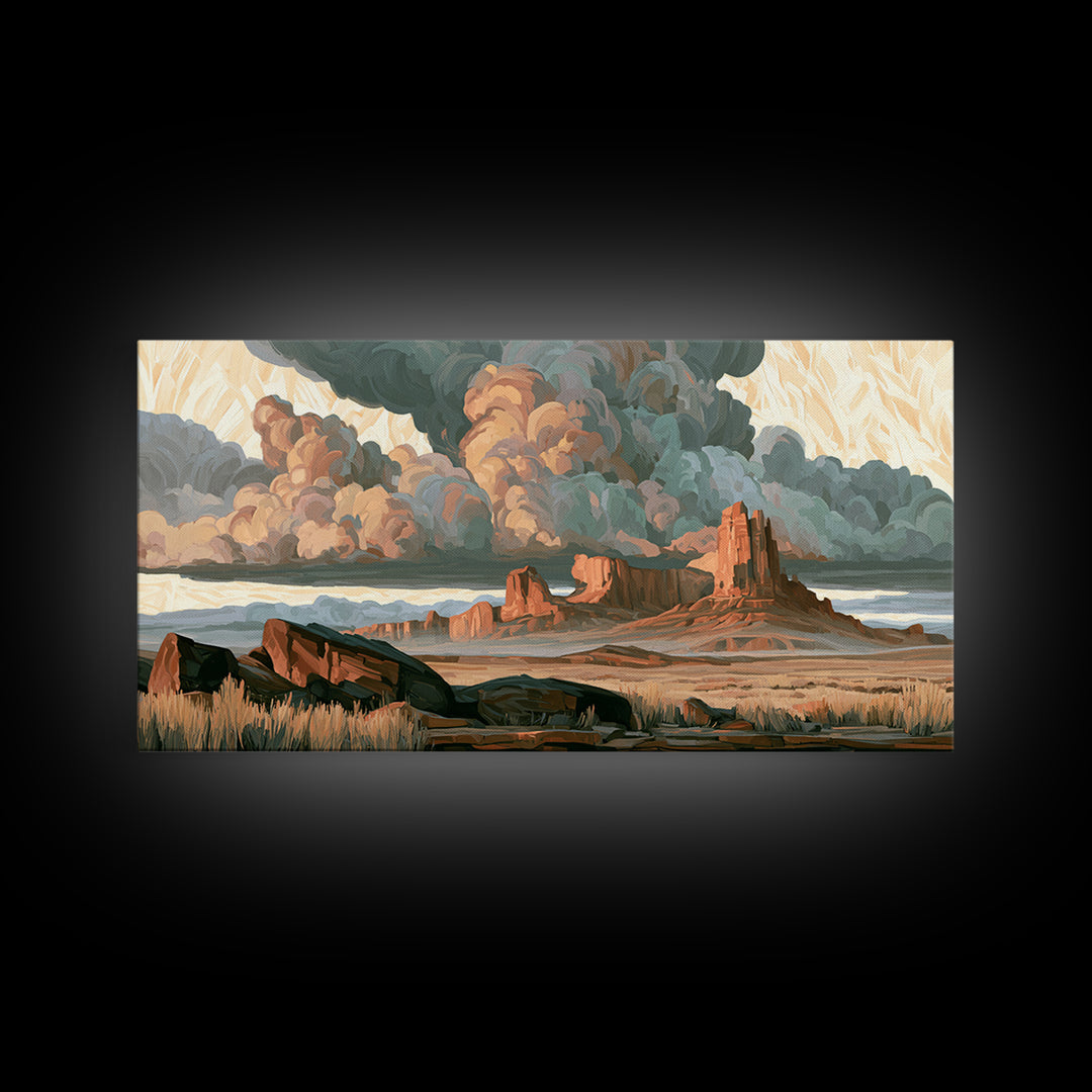 Desert Storm Clouds Framed Canvas Print, Southwestern Art, Tapestry Wall Art, Southwestern Decor, Oil Painting, Mesa, SOU-2x1-80