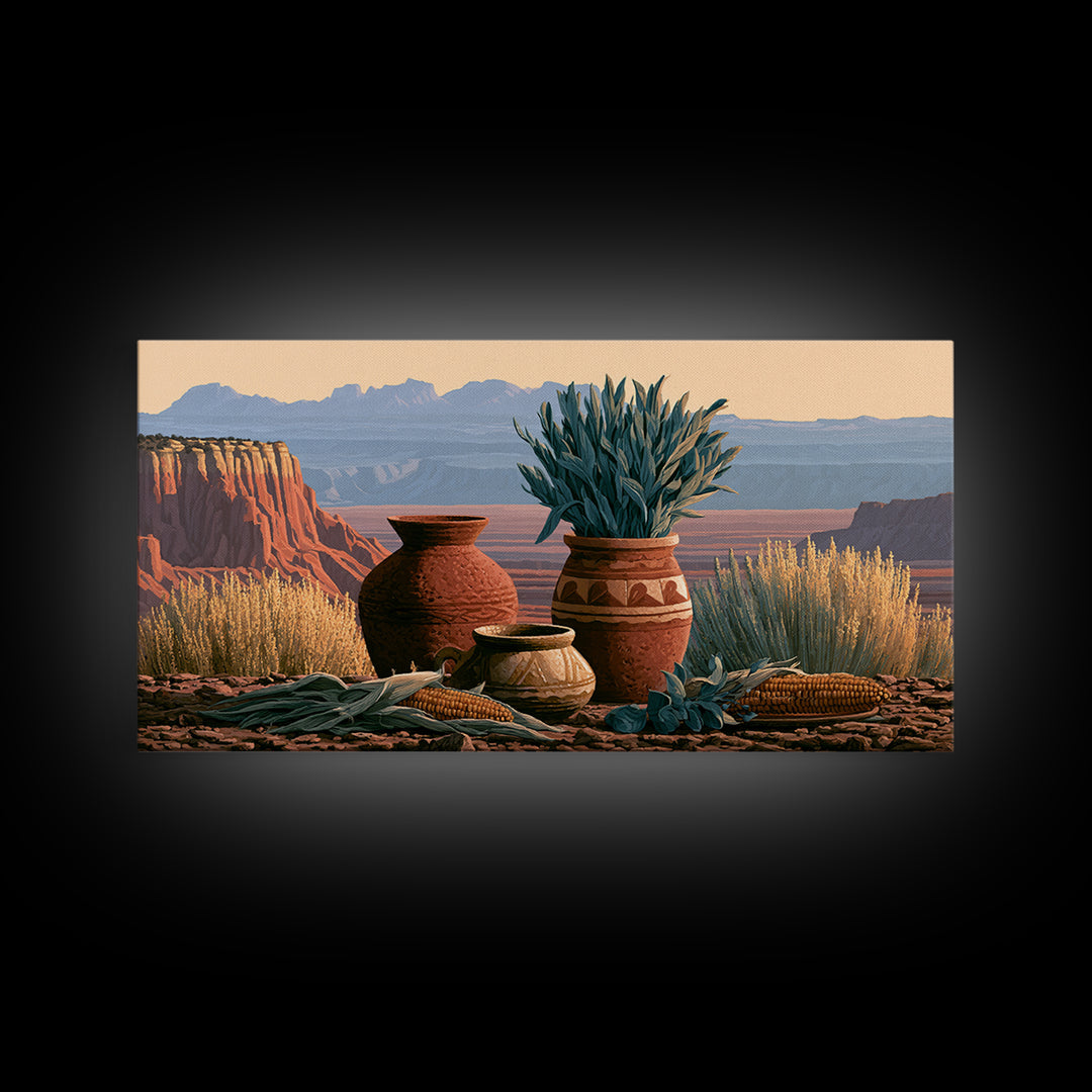 Pueblo Pottery Still Life Framed Canvas Print, Southwestern Art, Prints Wall Art, Southwestern Decor, Fine Art, Mesa, SOU-2x1-91