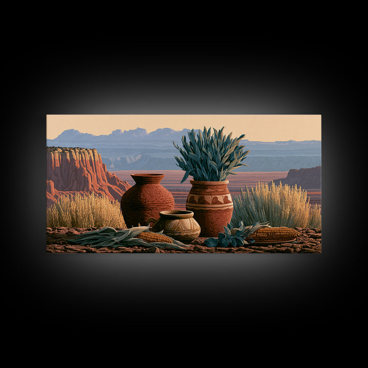 Pueblo Pottery Still Life Framed Canvas Print, Southwestern Art, Prints Wall Art, Southwestern Decor, Fine Art, Mesa, SOU-2x1-91