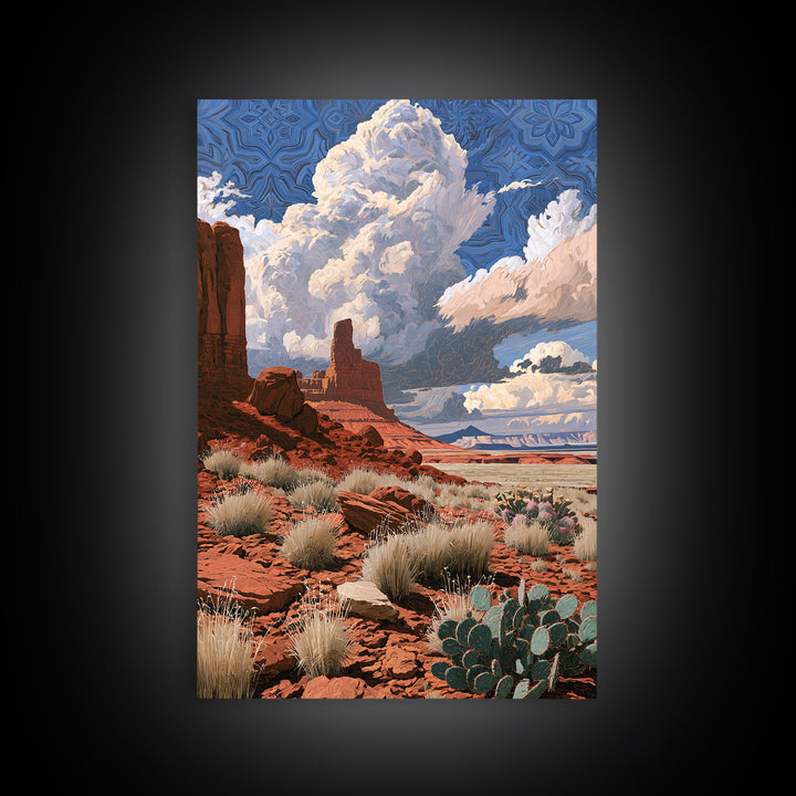Desert Storm Clouds Framed Canvas Print, Southwestern Art, Boho Wall Decor, Southwestern Decor, Mesa, Antique Oil Painting, SOU-2x3-20