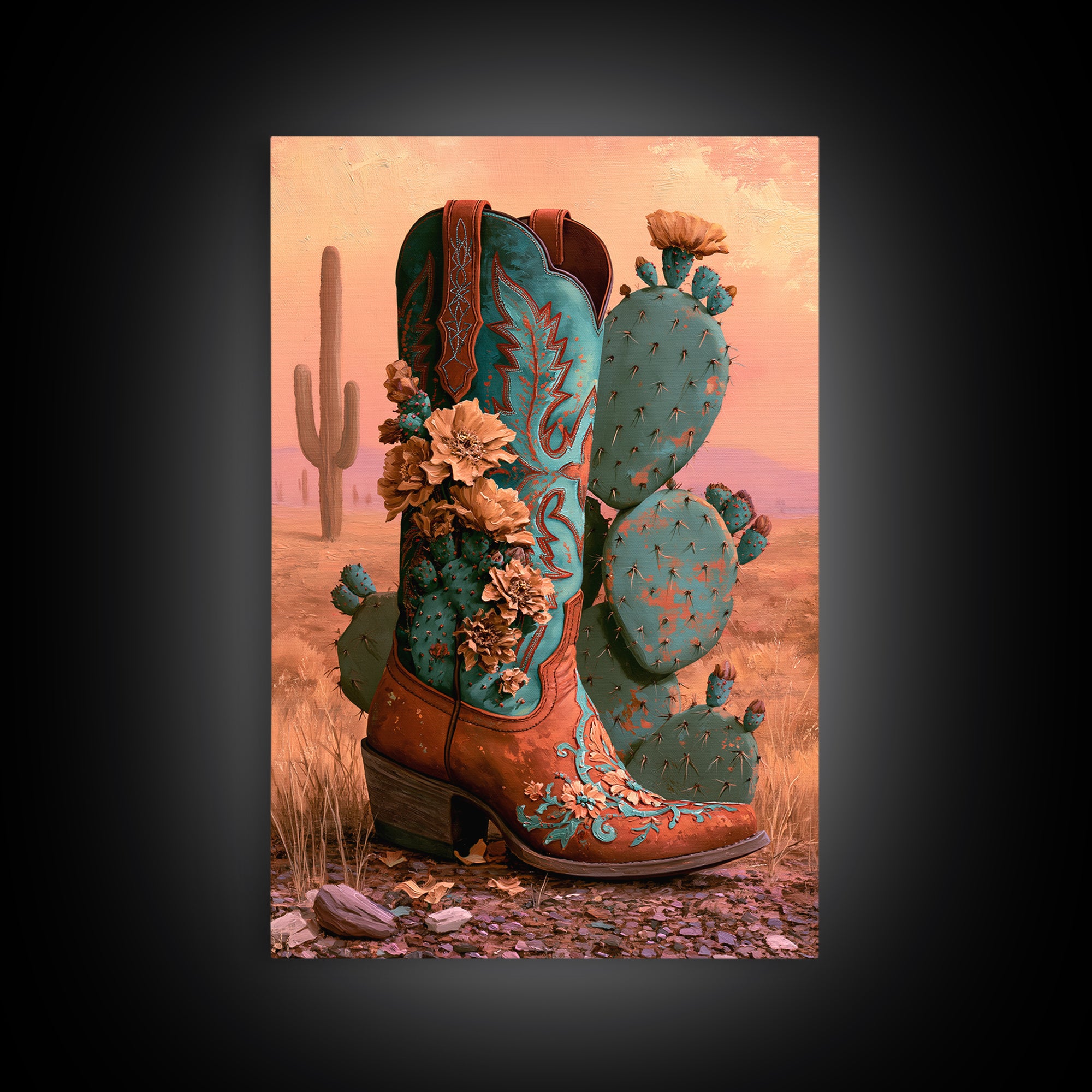 Western Boot with Cactus Blossoms Framed Canvas Print, Southwestern Art, Digital Wall Art, Southwestern Decor, Fine Art, Mesa, SOU-2x3-25