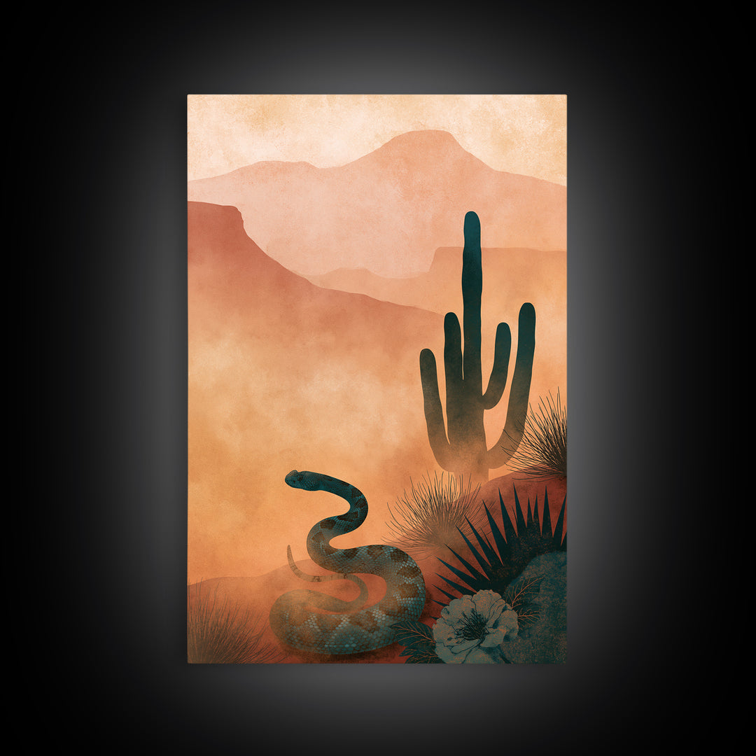 Snake and Desert Flower Composition Framed Canvas Print, Southwestern Art, Minimalist Decor, Southwestern Decor, Oil Painting, SOU-2x3-30