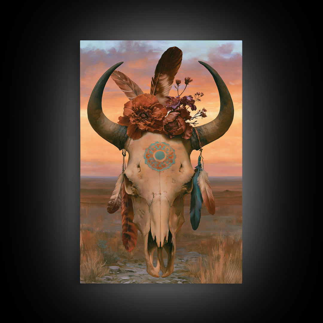 Cow Skull with Desert Flowers and Feathers Canvas Print, Southwestern Art, Southwestern Decor, Watercolor Art, Mesa, SOU-2x3-35