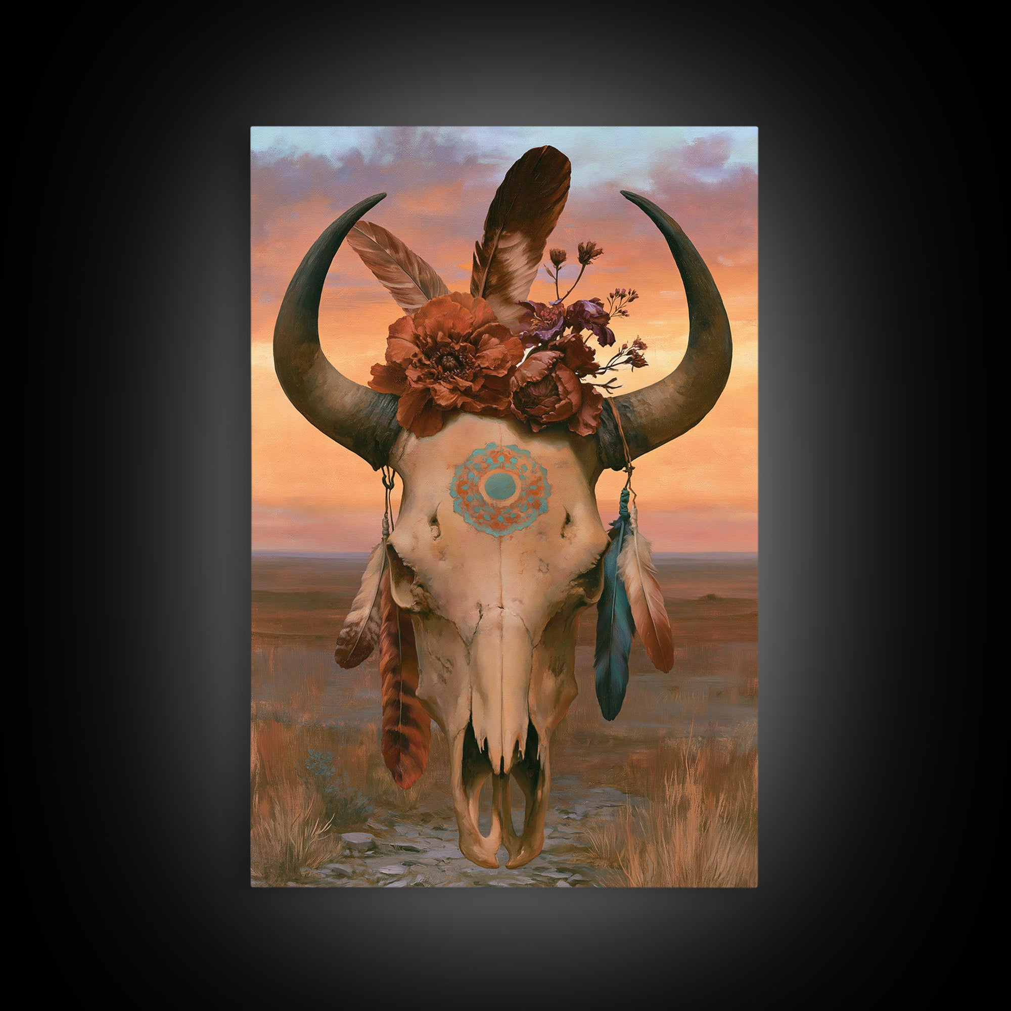 Cow Skull with Desert Flowers and Feathers Canvas Print, Southwestern Art, Southwestern Decor, Watercolor Art, Mesa, SOU-2x3-35