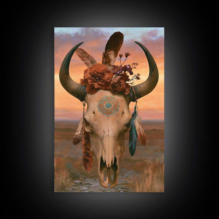 Cow Skull with Desert Flowers and Feathers Canvas Print, Southwestern Art, Southwestern Decor, Watercolor Art, Mesa, SOU-2x3-35