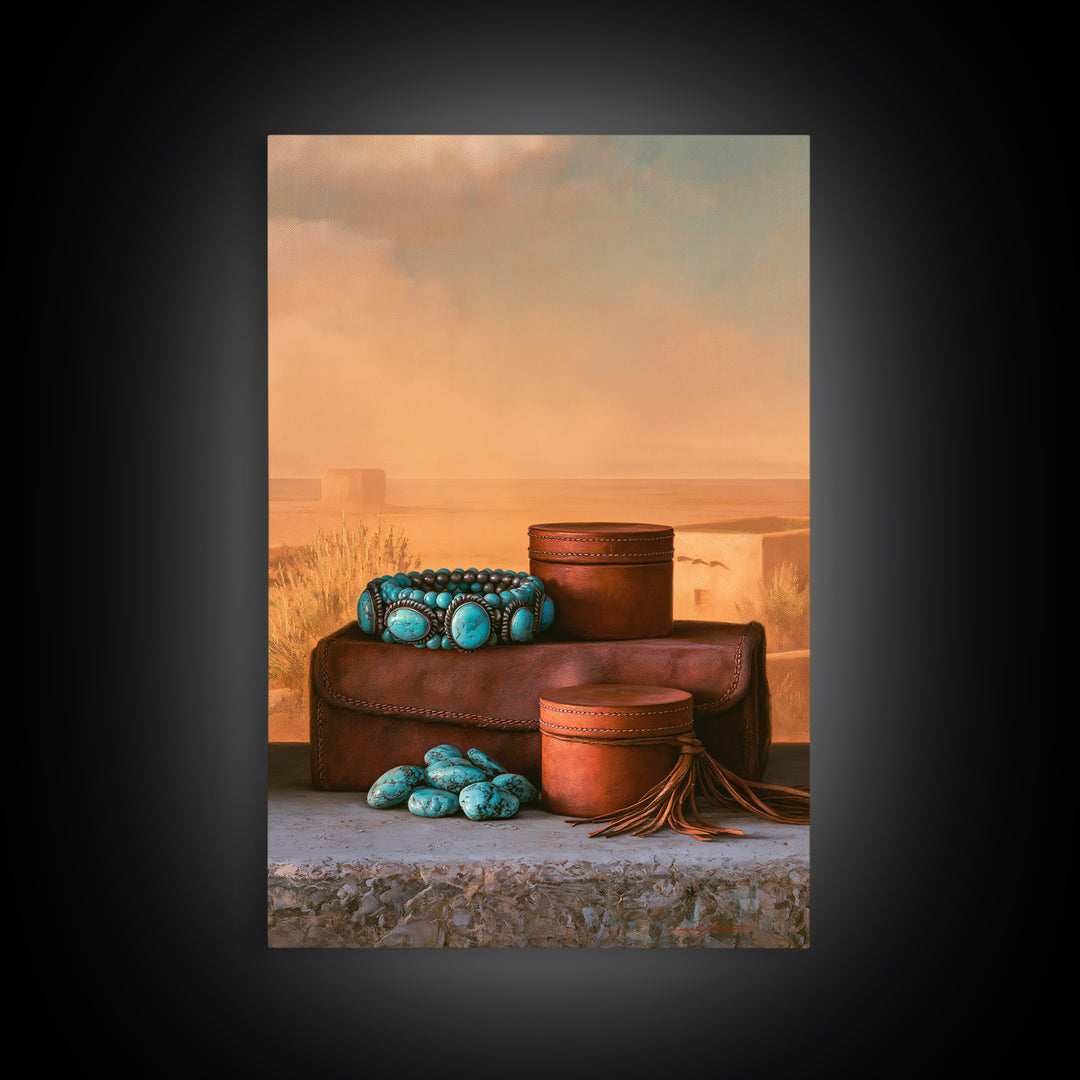 Turquoise Jewelry and Leather Still Life Framed Canvas Print, Southwestern Art, Prints Wall Art, Southwestern Decor, Mesa, SOU-2x3-43