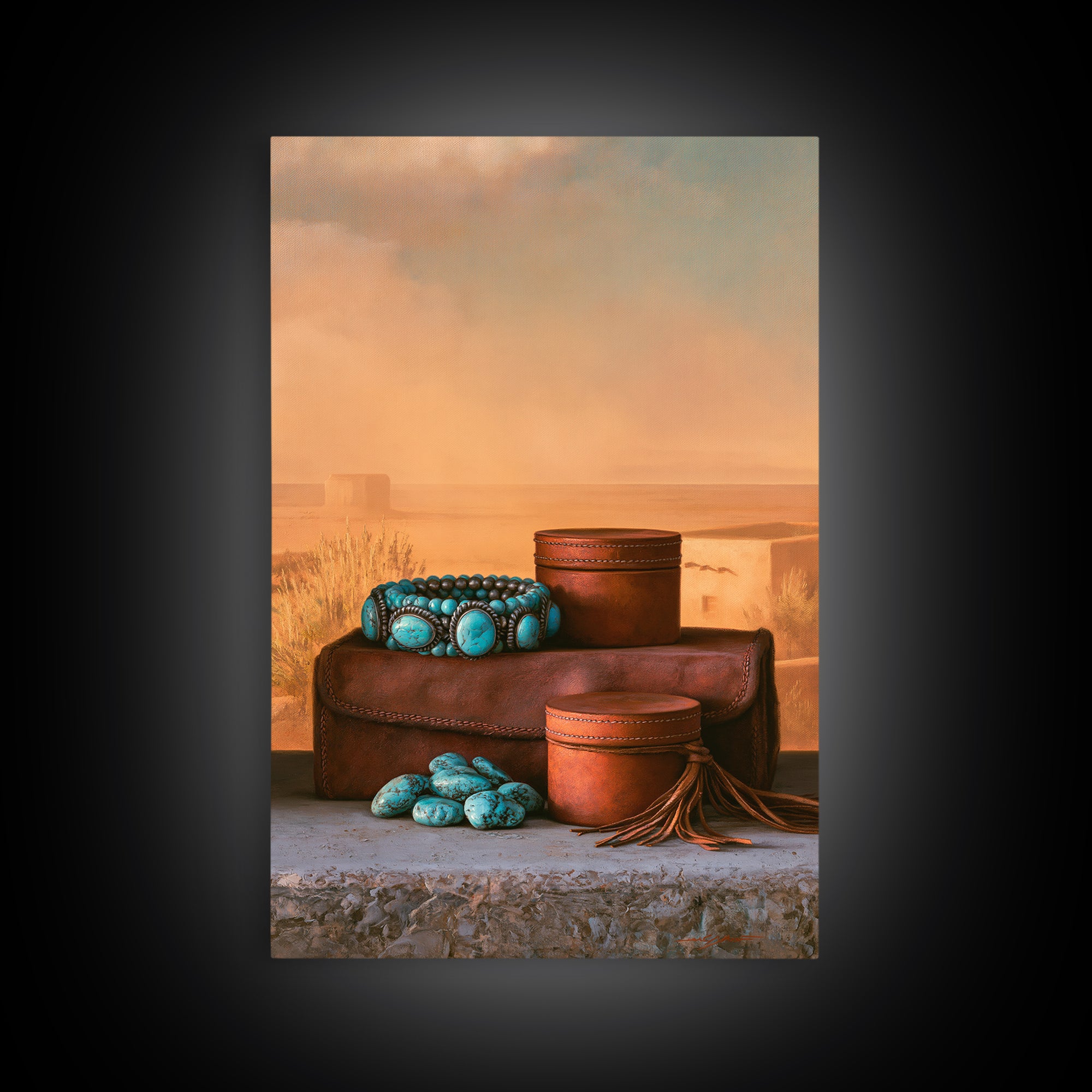 Turquoise Jewelry and Leather Still Life Framed Canvas Print, Southwestern Art, Prints Wall Art, Southwestern Decor, Mesa, SOU-2x3-43