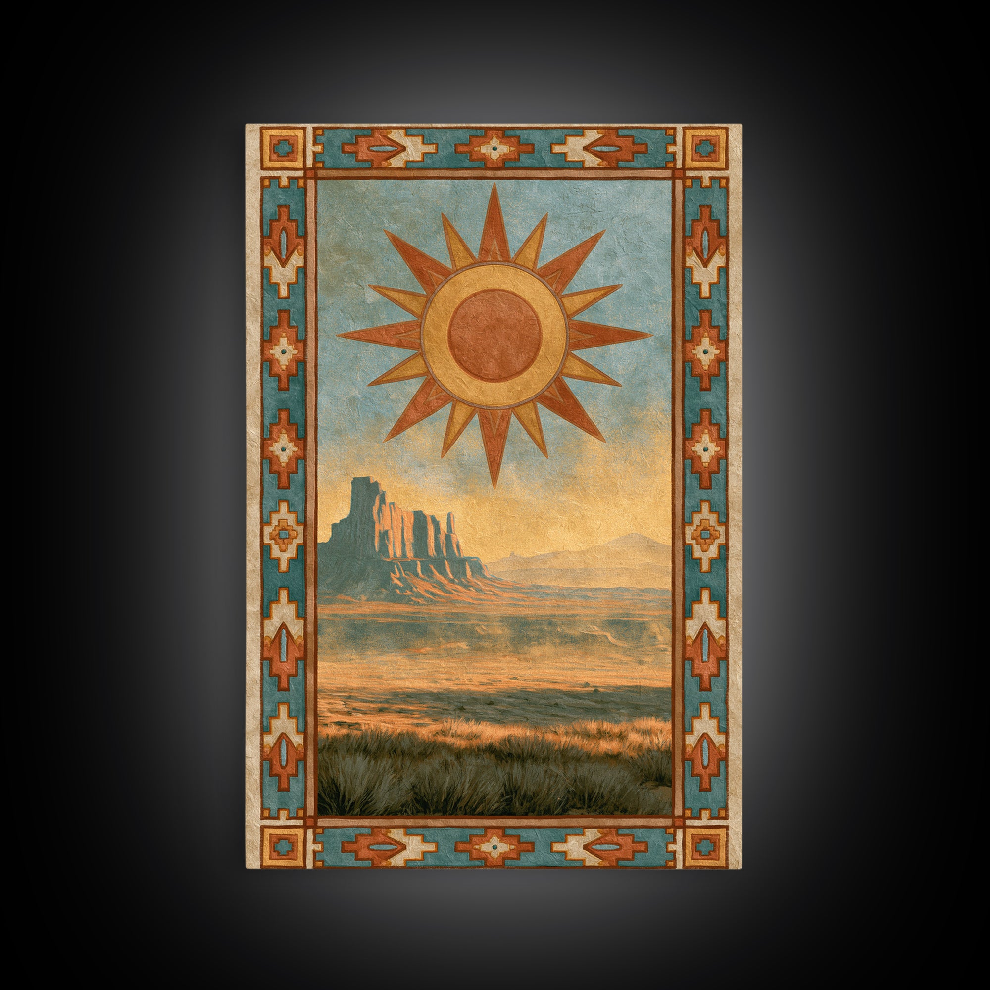Sun Symbol with Geometric Southwest Border Canvas Print, Southwestern Art, Southwestern Decor, Abstract Art, Mesa, SOU-2x3-5