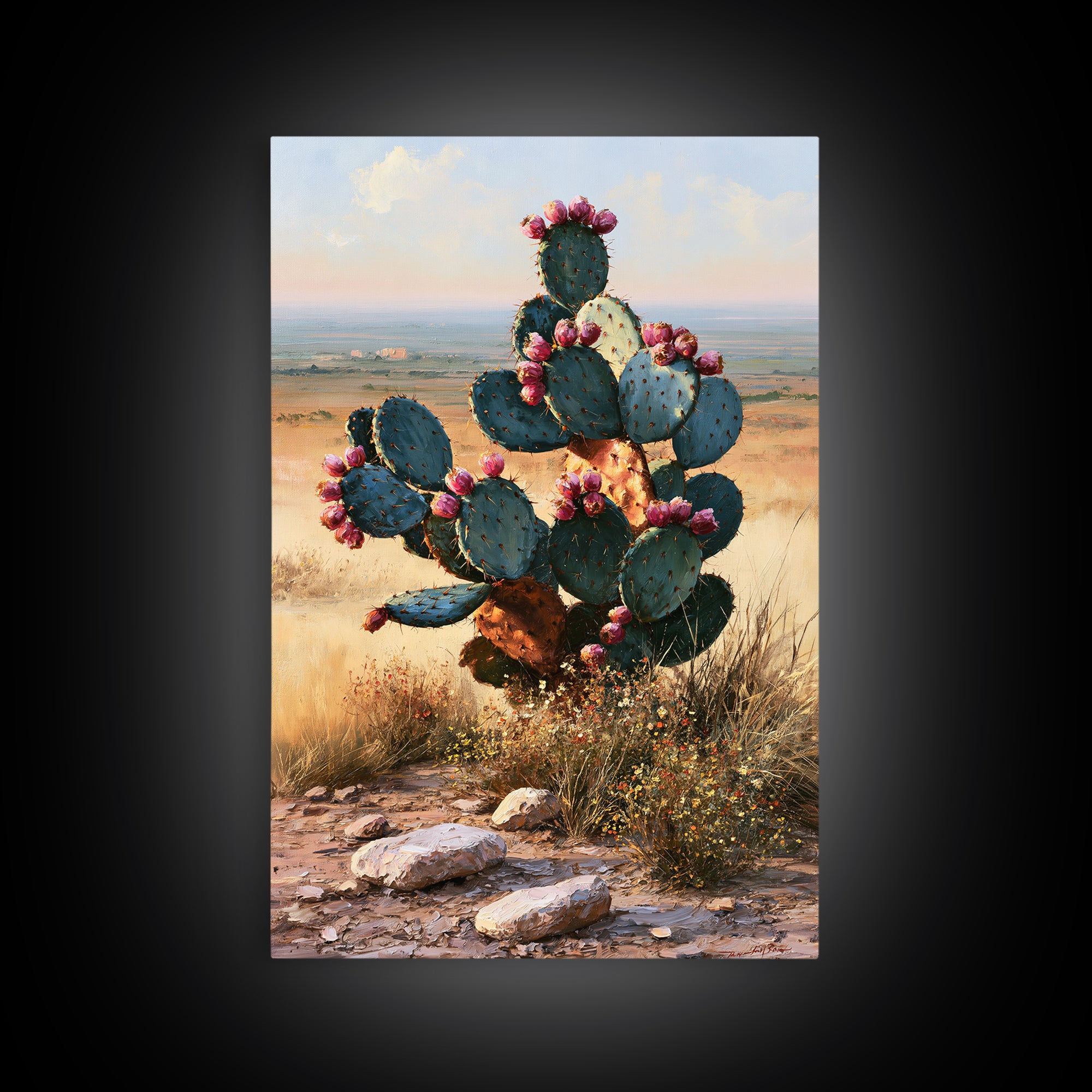 Prickly Pear Cactus Framed Canvas Print, Southwestern Art, Western Art, Southwestern Decor, Fine Art, Mesa, Textured Painting, SOU-2x3-87