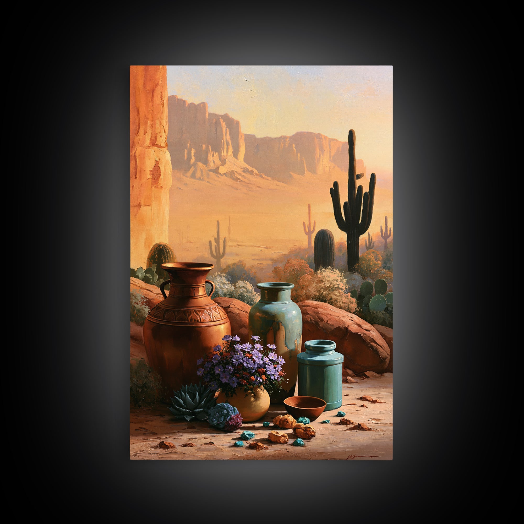 Painted Pottery and Desert Wildflowers Canvas Print, Southwestern Art, Western Wall Art, Southwestern Decor, Watercolor Art, SOU-2x3-96