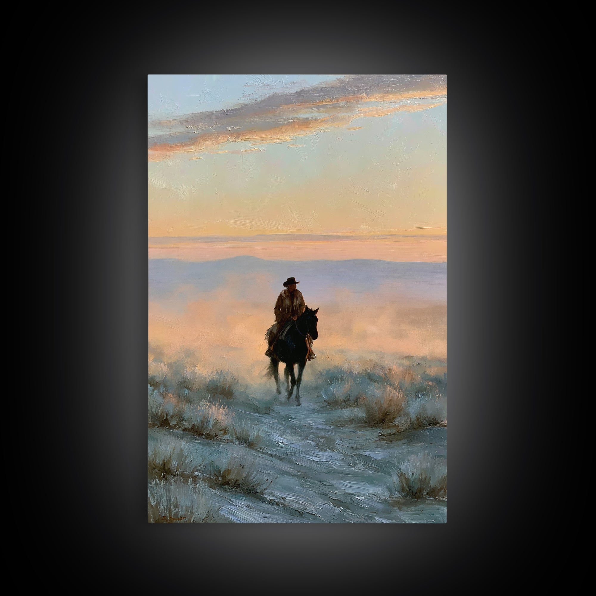 Horse Rider Crossing Desert at Dusk Canvas Print, Southwestern Art, Native American Art, Southwestern Decor, Fine Art, Mesa, SOU-2x3-99