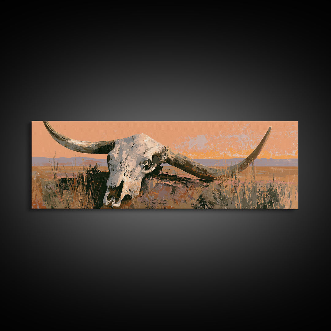 Sun Bleached Longhorn Skull Still Life Framed Canvas Print, Southwestern Art, Landscape Painting, Southwestern Decor, Mesa, SOU-3x1-1