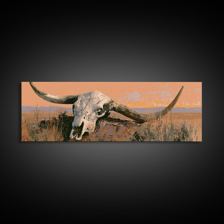 Sun Bleached Longhorn Skull Still Life Framed Canvas Print, Southwestern Art, Landscape Painting, Southwestern Decor, Mesa, SOU-3x1-1