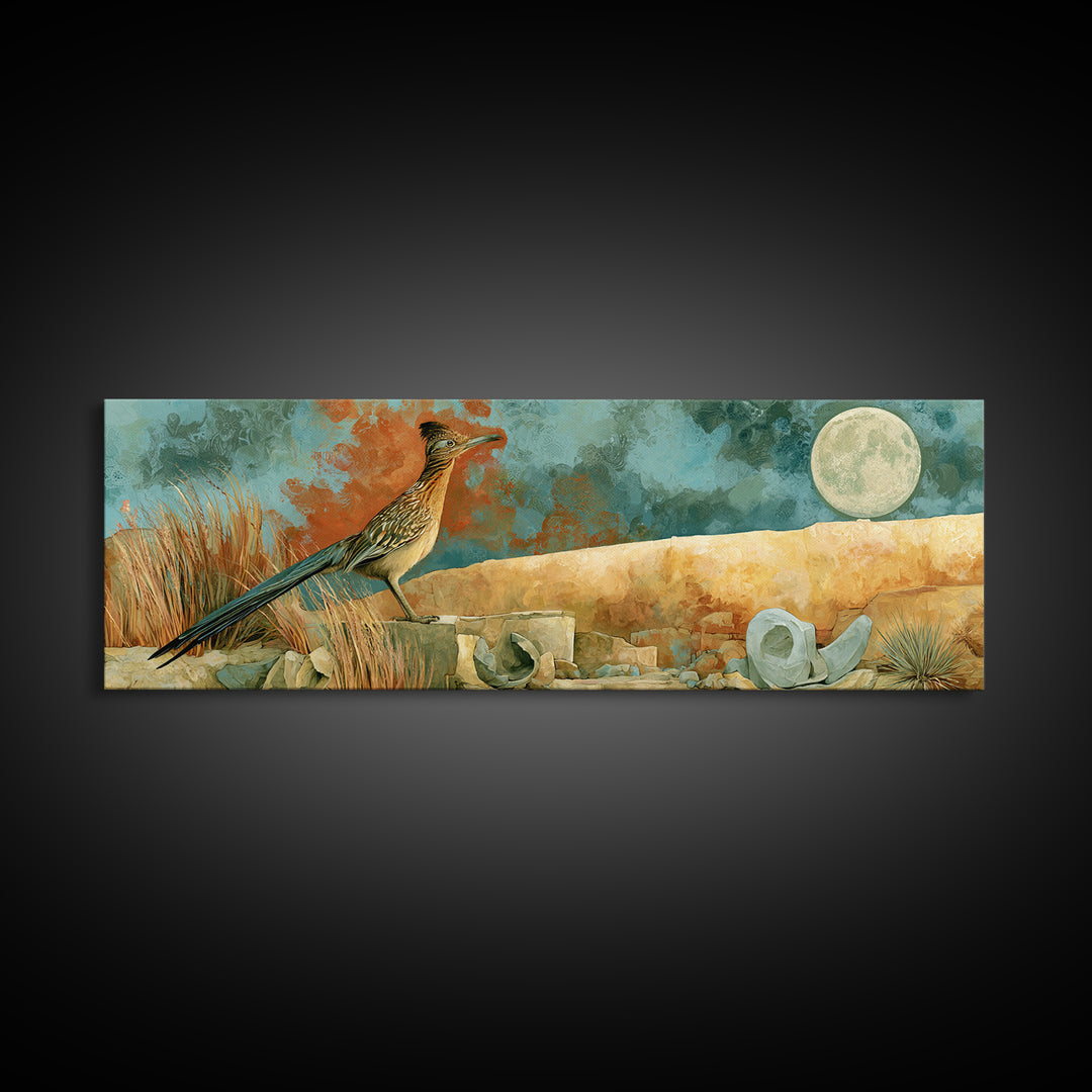 Roadrunner under a Pale Desert Moon Canvas Print, Southwestern Art, Antique Oil Painting, Southwestern Decor, Fine Art, Mesa, SOU-3x1-24
