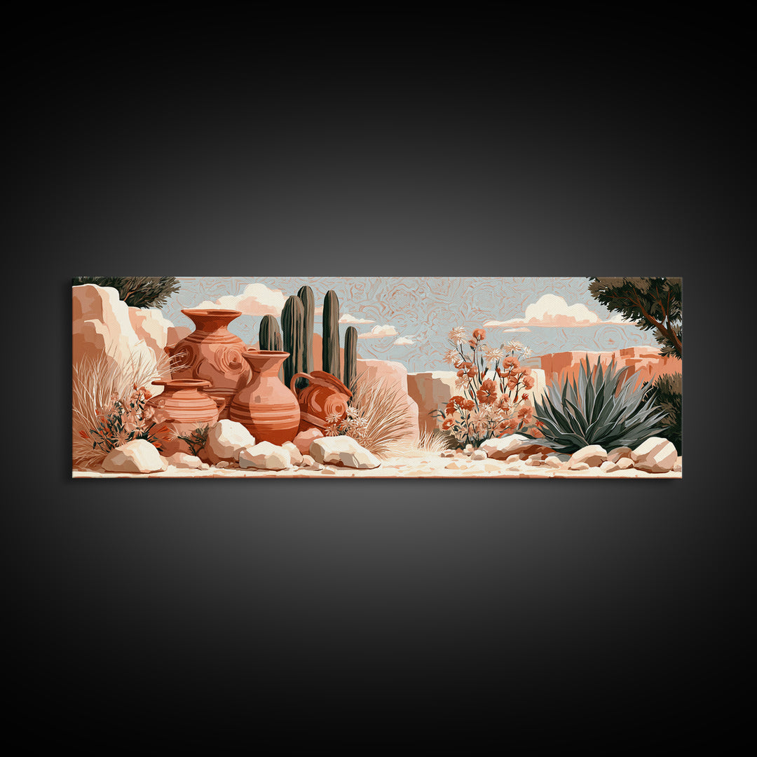 Painted Pottery and Desert Wildflowers Framed Canvas Print, Southwestern Art, Rustic Home Decor, Southwestern Decor, Mesa, SOU-3x1-32