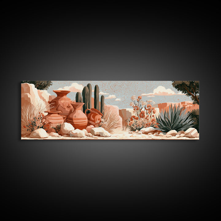 Painted Pottery and Desert Wildflowers Framed Canvas Print, Southwestern Art, Rustic Home Decor, Southwestern Decor, Mesa, SOU-3x1-32