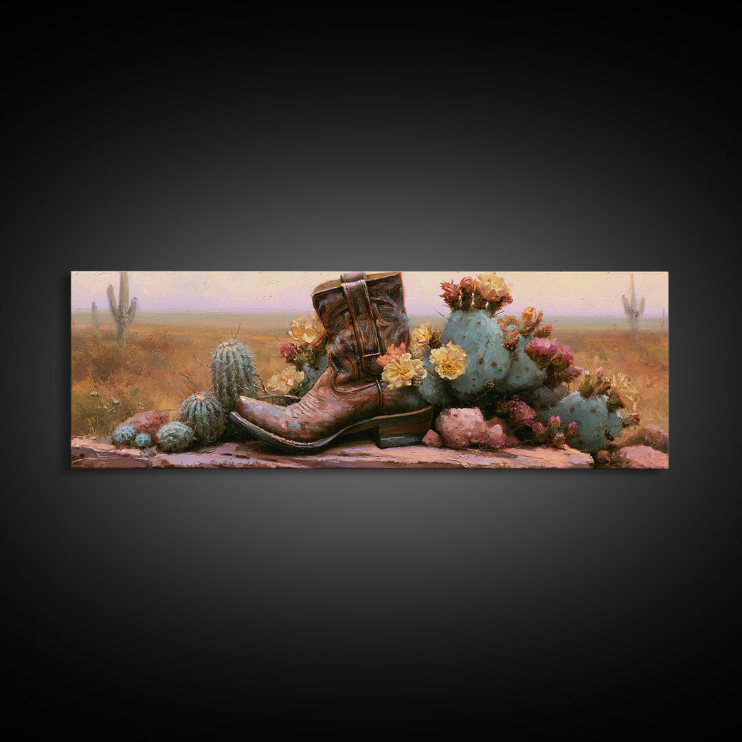Western Boot with Cactus Blossoms Canvas Print, Southwestern Art, Landscape Art, Southwestern Decor, Mesa, Statement Artwork, SOU-3x1-33