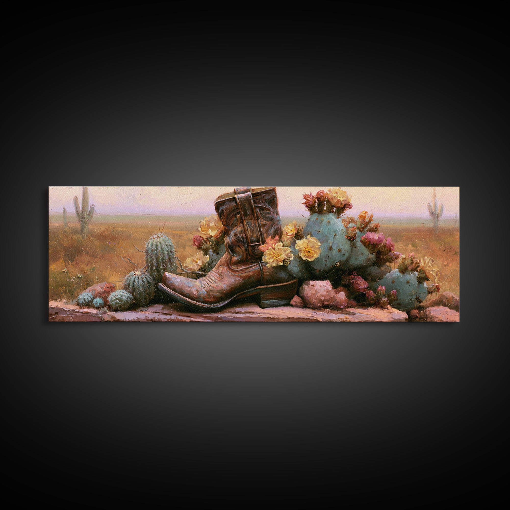 Western Boot with Cactus Blossoms Canvas Print, Southwestern Art, Landscape Art, Southwestern Decor, Mesa, Statement Artwork, SOU-3x1-33