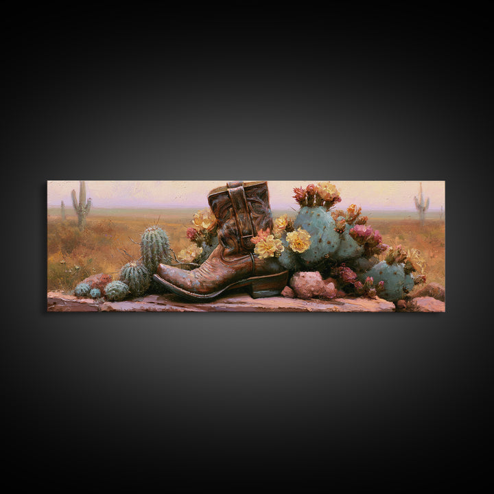 Western Boot with Cactus Blossoms Canvas Print, Southwestern Art, Landscape Art, Southwestern Decor, Mesa, Statement Artwork, SOU-3x1-33