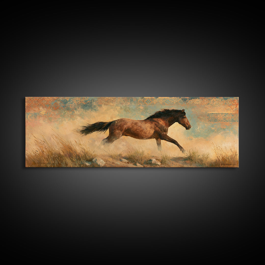 Wild Mustang Running Through Dusty Canyon Canvas Print, Southwestern Art, Landscape Painting, Southwestern Decor, SOU-3x1-46