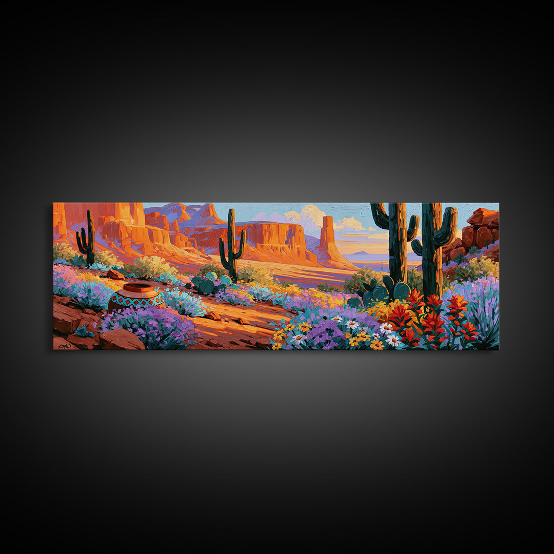 Painted Pottery and Desert Wildflowers Framed Canvas Print, Southwestern Art, Minimalist Decor, Southwestern Decor, SOU-3x1-56