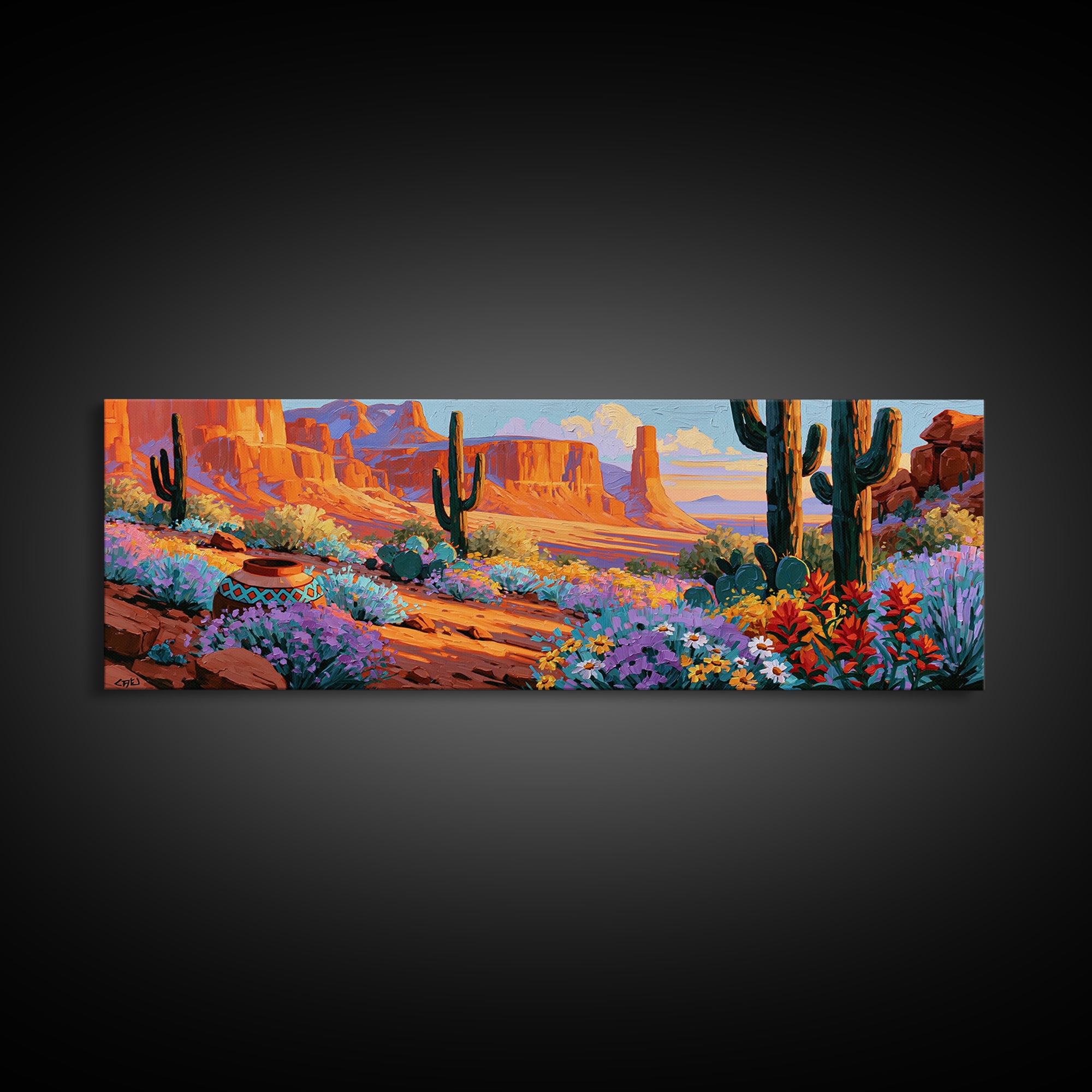 Painted Pottery and Desert Wildflowers Framed Canvas Print, Southwestern Art, Minimalist Decor, Southwestern Decor, SOU-3x1-56