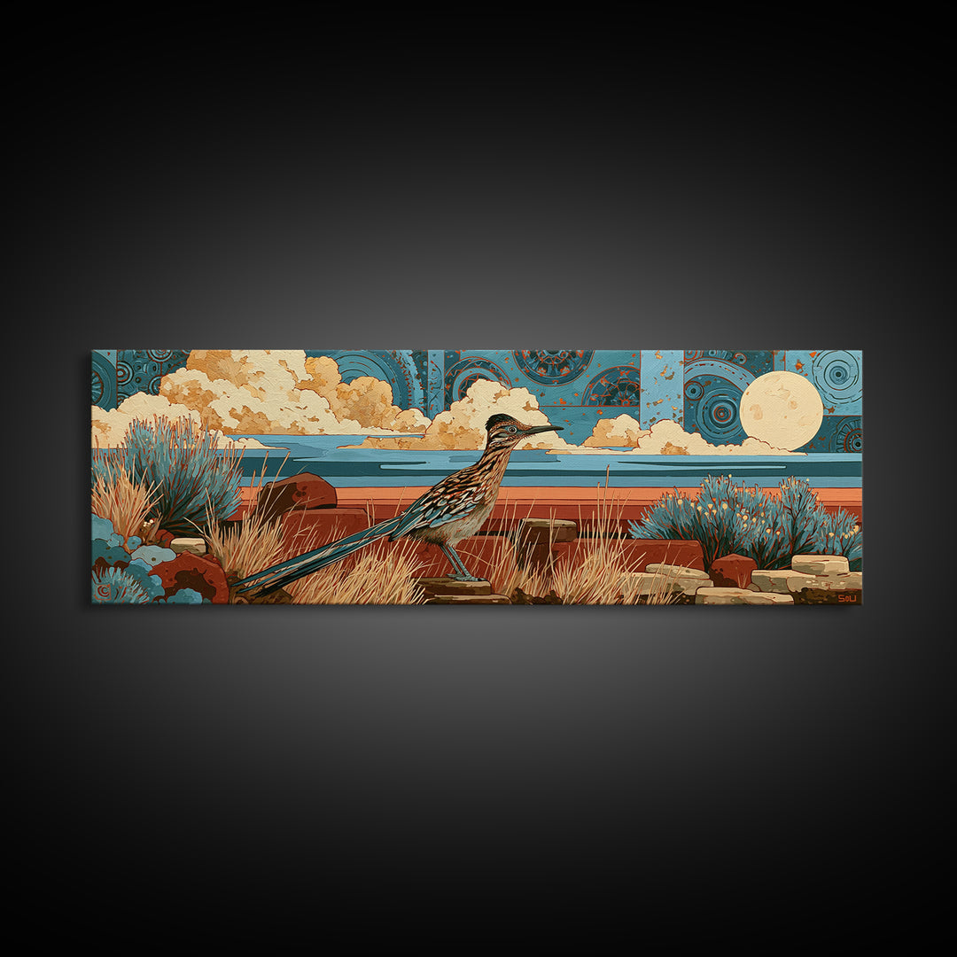 Roadrunner under a Pale Desert Moon Framed Canvas Print, Southwestern Art, Art, Southwestern Decor, Mesa, Boho Wall Decor, SOU-3x1-72