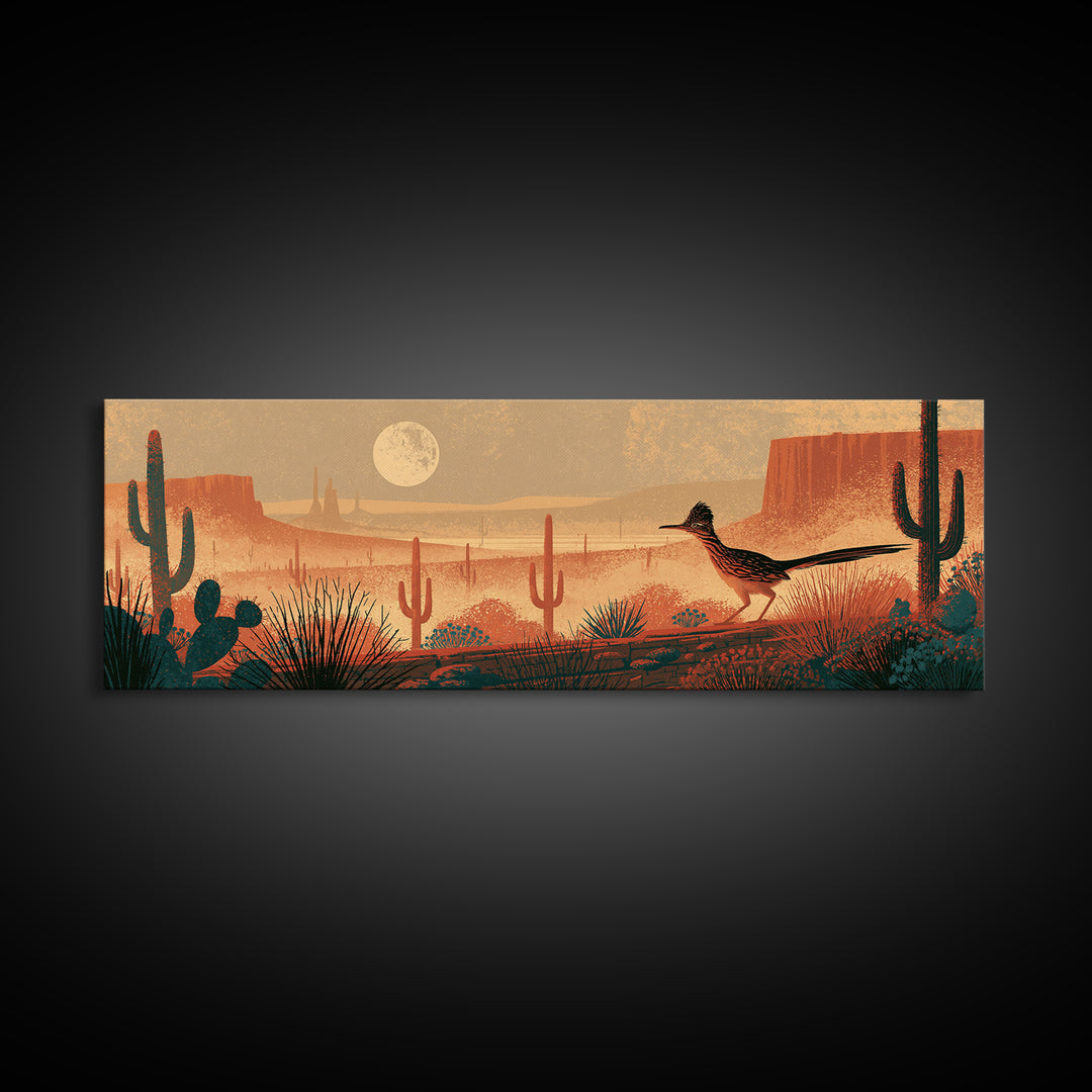 Roadrunner under a Pale Desert Moon Canvas Print, Southwestern Art, Textured Painting, Southwestern Decor, Watercolor Art, Mesa, SOU-3x1-96