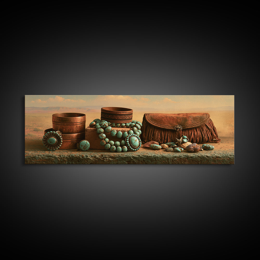 Turquoise Jewelry and Leather Still Life Framed Canvas Print, Southwestern Art, Digital Wall Art, Southwestern Decor, Mesa, SOU-3x1-99