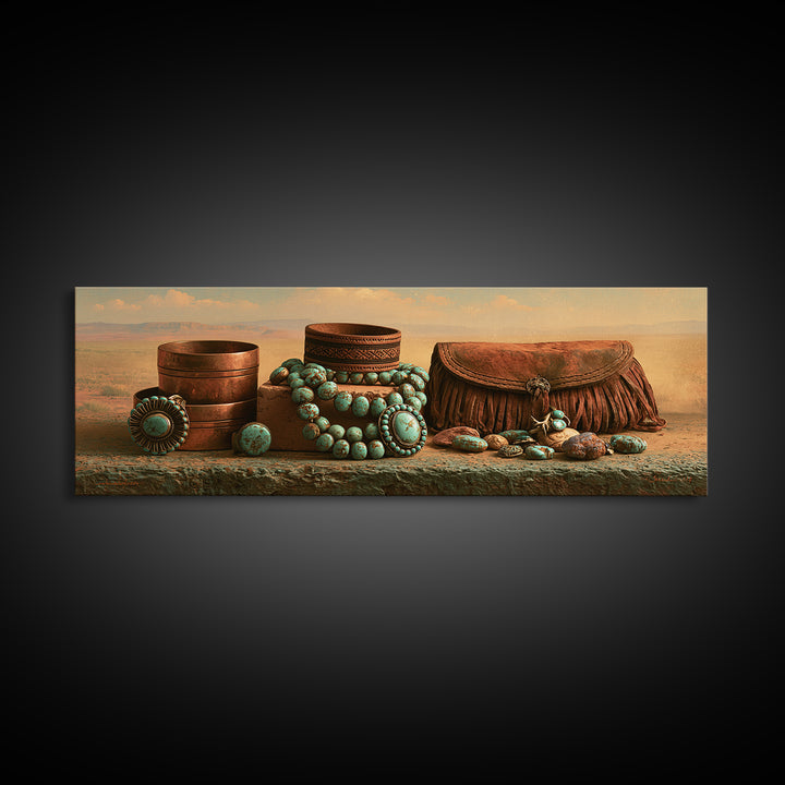 Turquoise Jewelry and Leather Still Life Framed Canvas Print, Southwestern Art, Digital Wall Art, Southwestern Decor, Mesa, SOU-3x1-99