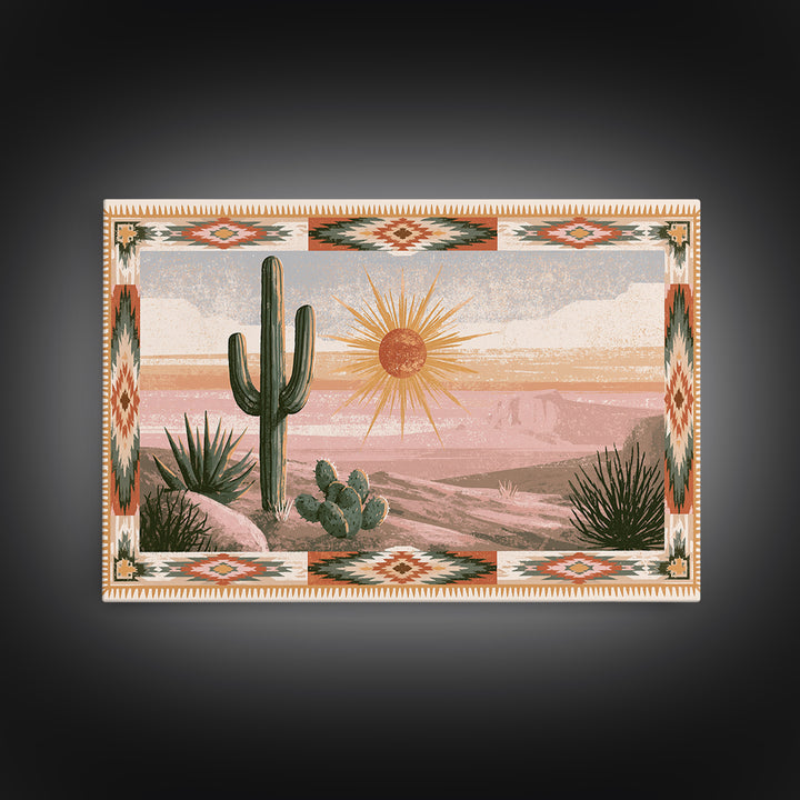 Sun Symbol with Geometric Southwest Border Canvas Print, Southwestern Art, Landscape Painting, Southwestern Decor, Abstract Art, SOU-3x2-1
