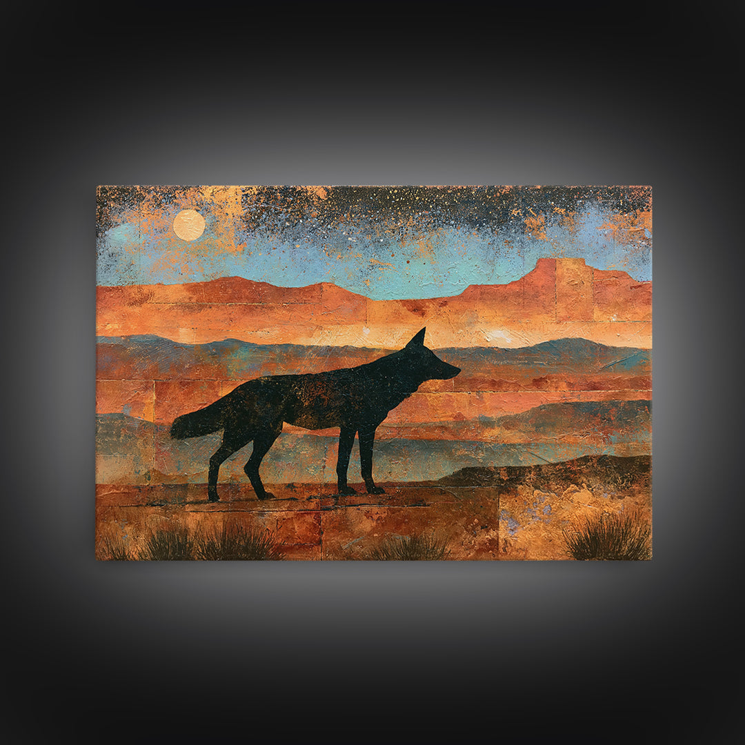 Coyote Silhouette Beneath Starry Sky Framed Canvas Print, Southwestern Art, Statement Artwork, Southwestern Decor, Mesa, SOU-3x2-19