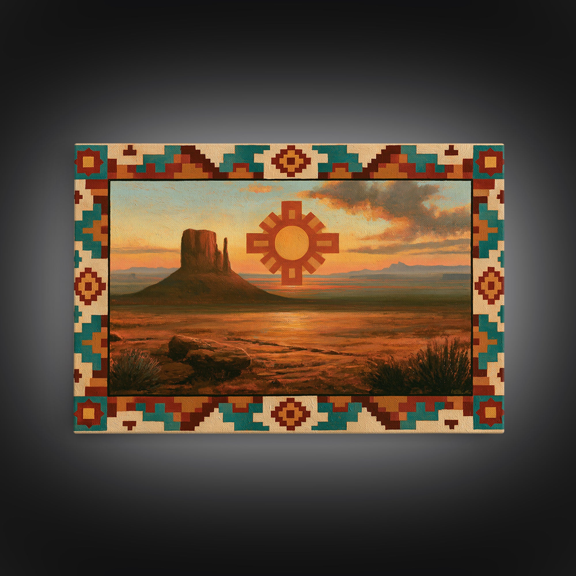 Sun Symbol with Geometric Southwest Border Framed Canvas Print, Southwestern Art, Western Home Decor, Southwestern Decor, Mesa, SOU-3x2-25