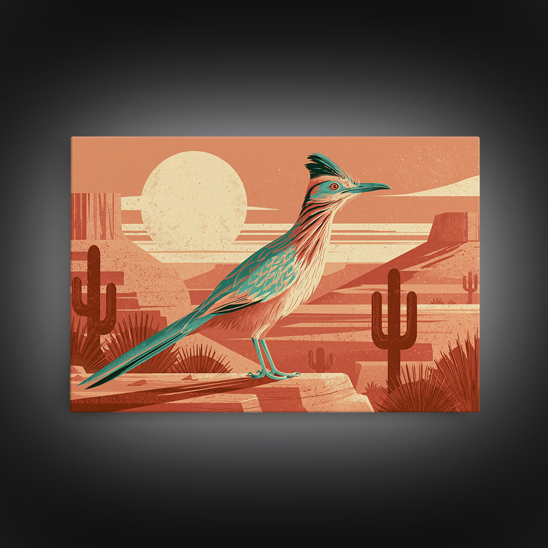 Roadrunner under a Pale Desert Moon Framed Canvas Print, Southwestern Art, Antique Oil Painting, Southwestern Decor, Mesa, SOU-3x2-36