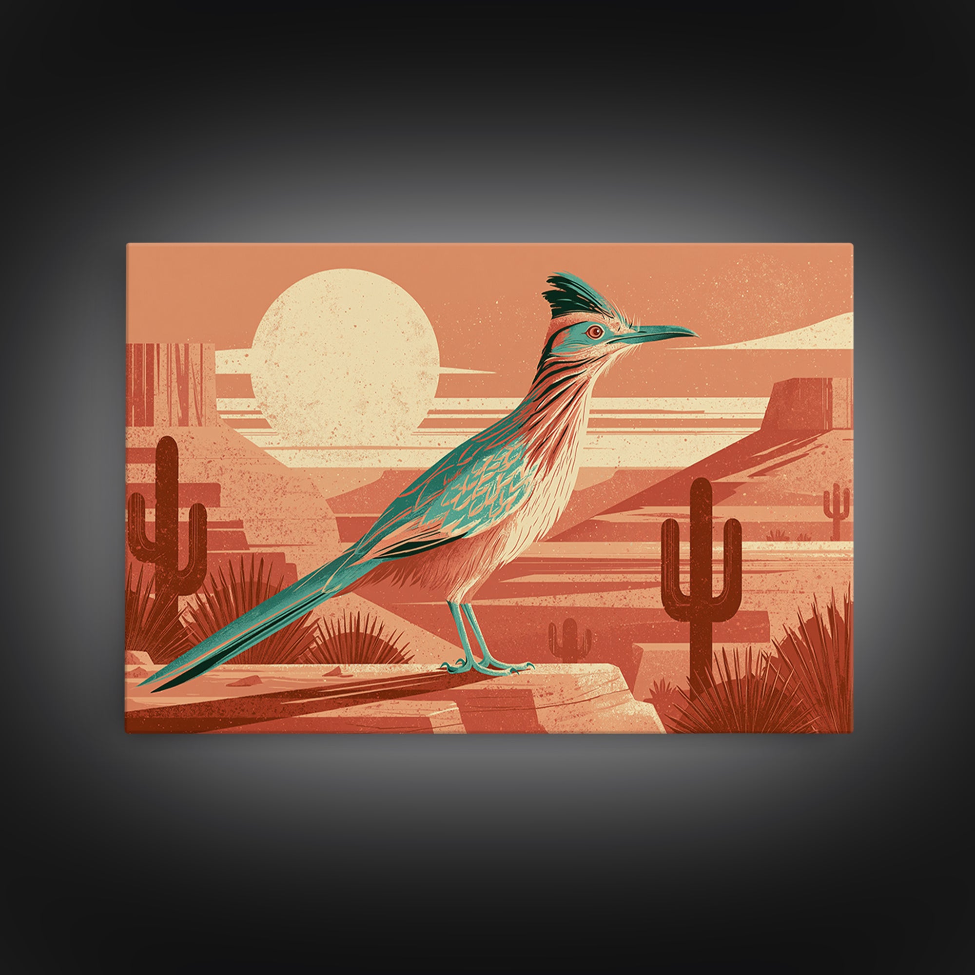 Roadrunner under a Pale Desert Moon Framed Canvas Print, Southwestern Art, Antique Oil Painting, Southwestern Decor, Mesa, SOU-3x2-36