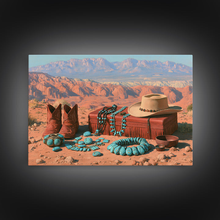 Turquoise Jewelry and Leather Still Life Framed Canvas Print, Southwestern Art, Landscape Art, Southwestern Decor, Mesa, SOU-3x2-63