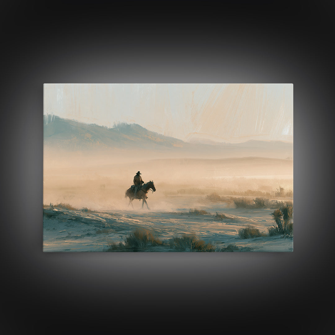 Horse Rider Crossing Desert at Dusk Framed Canvas Print, Southwestern Art, Rustic Home Decor, Southwestern Decor, SOU-3x2-71