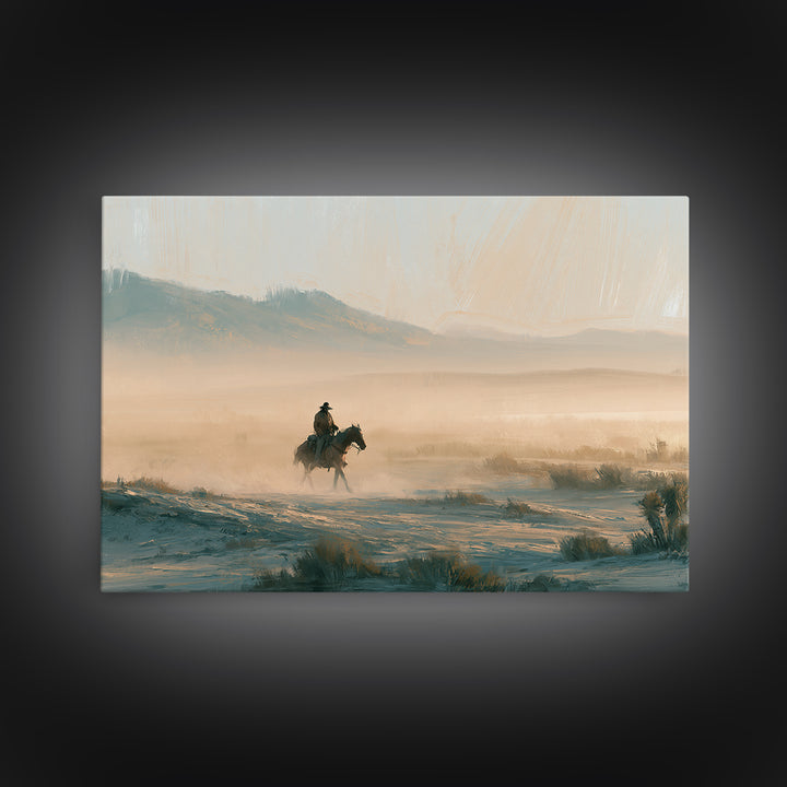 Horse Rider Crossing Desert at Dusk Framed Canvas Print, Southwestern Art, Rustic Home Decor, Southwestern Decor, SOU-3x2-71