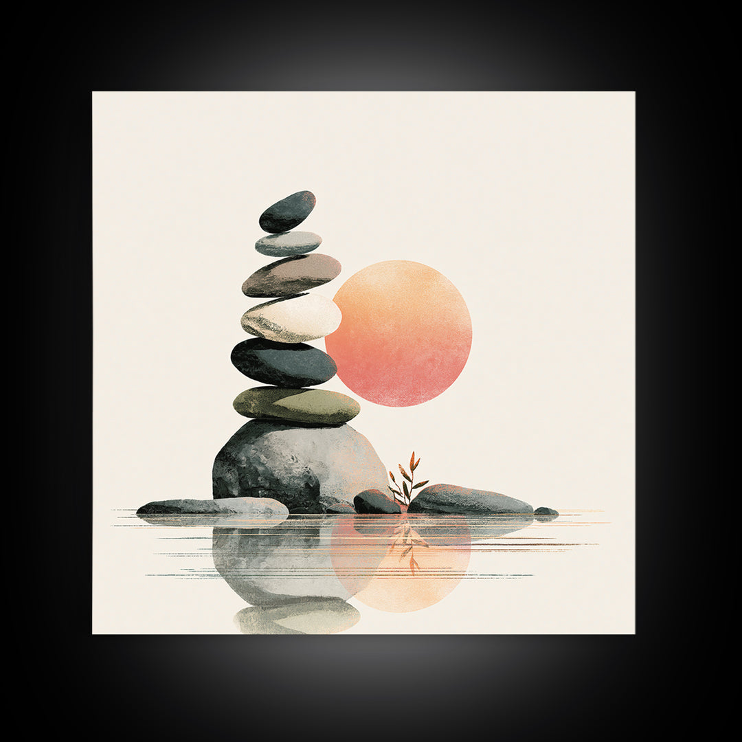 Stacked Stones Beside Calm Water Framed Canvas Print, Spa Art, Modern Decor, Spa Decor, Fine Art, Serenity, Wall Decor, SPA-1x1-1