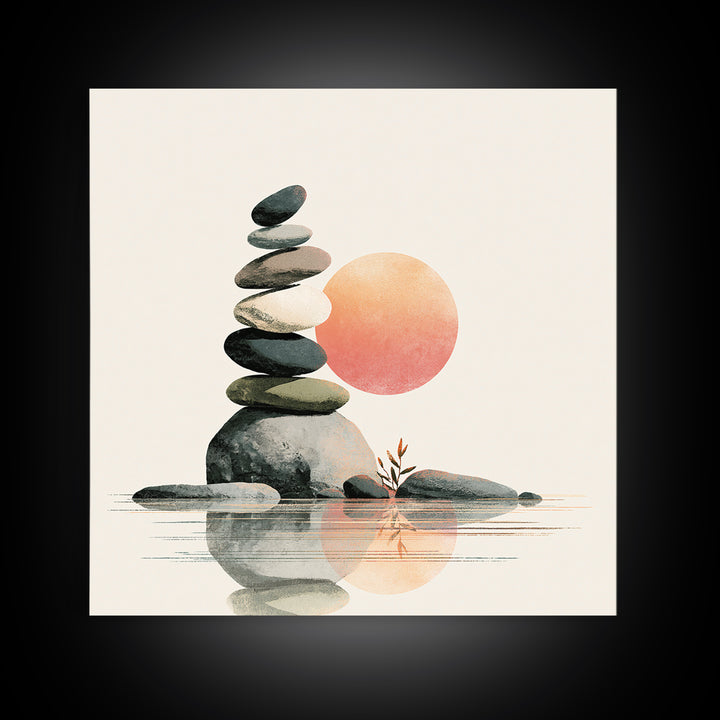 Stacked Stones Beside Calm Water Framed Canvas Print, Spa Art, Modern Decor, Spa Decor, Fine Art, Serenity, Wall Decor, SPA-1x1-1