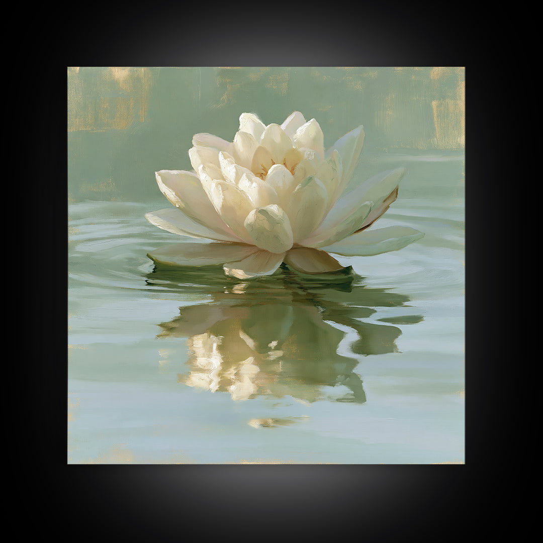 Lotus Flower Floating on Still Pond Framed Canvas Print, Spa Art, Wildlife Wall Art, Spa Decor, Serenity, Minimalist Decor, SPA-1x1-100