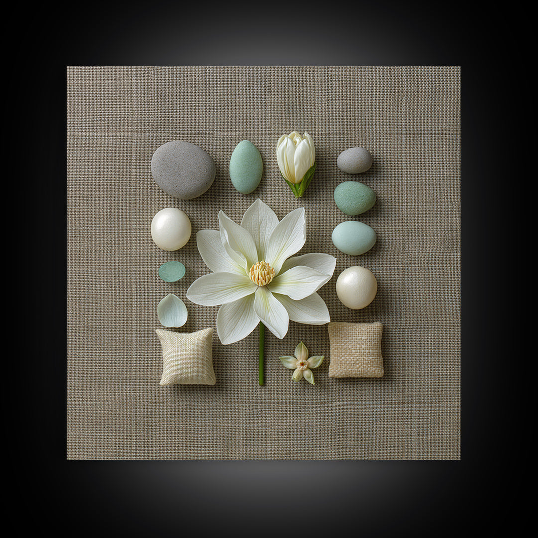Single White Flower on Linen Ground Canvas Print, Spa Art, Gallery Decor, Spa Decor, Fine Art, Serenity, Wall Art, Home Decor, SPA-1x1-17