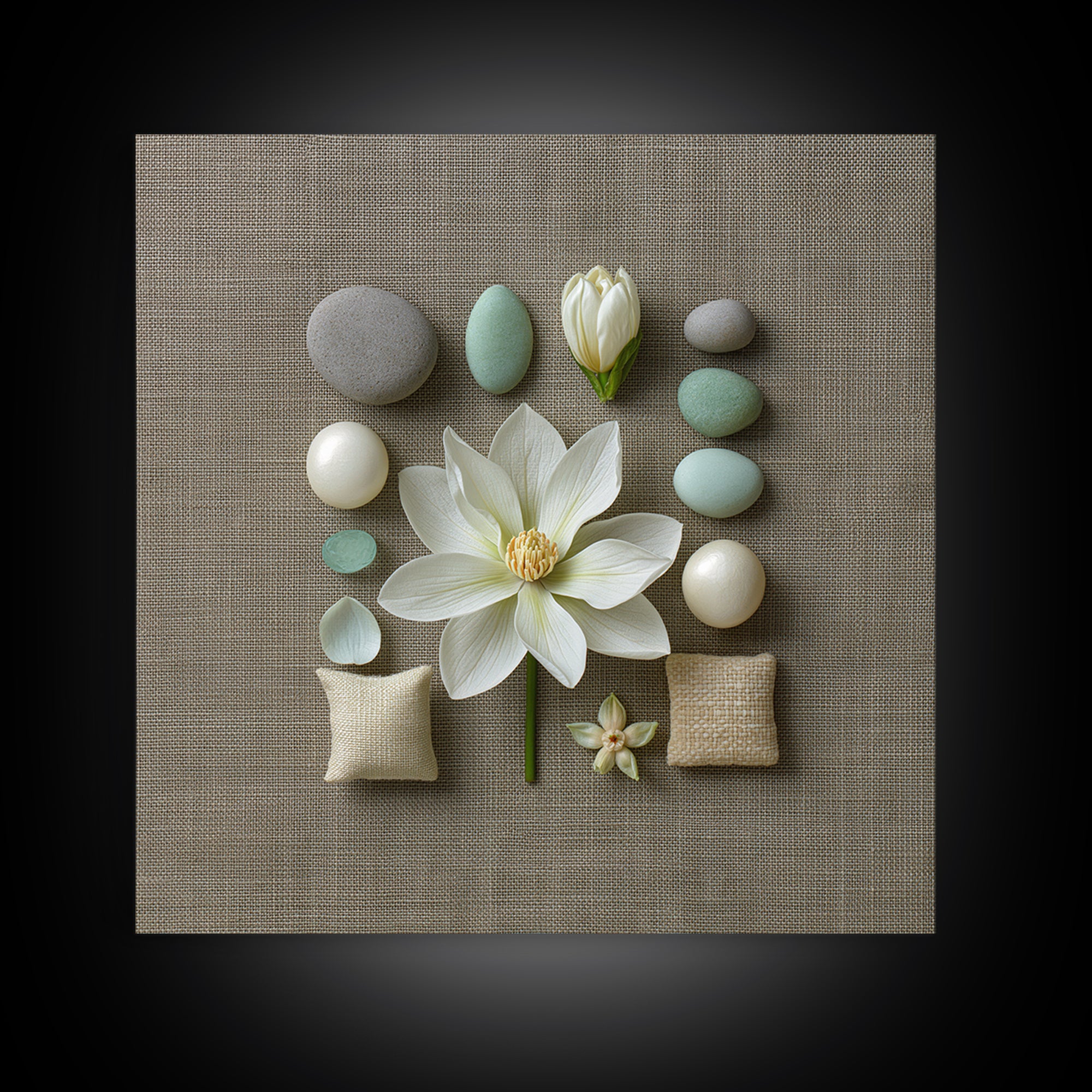 Single White Flower on Linen Ground Canvas Print, Spa Art, Gallery Decor, Spa Decor, Fine Art, Serenity, Wall Art, Home Decor, SPA-1x1-17