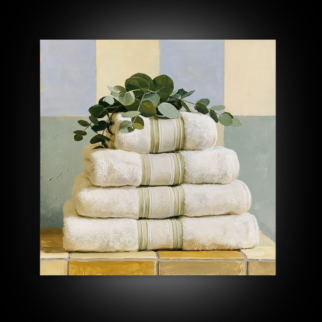 White Towels and Eucalyptus Without Room Context Framed Canvas Print, Spa Art, City Art, Spa Decor, Watercolor Art, Serenity, SPA-1x1-24