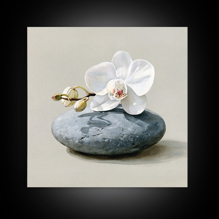 White Orchid on Smooth Gray Stone Canvas Print, Spa Art, Tarot Card Art, Spa Decor, Fine Art, Serenity, Textured Painting, SPA-1x1-26