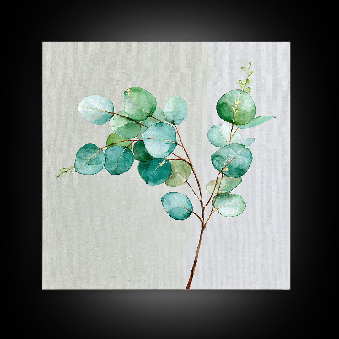 Eucalyptus Branch in Soft Green Watercolor Framed Canvas Print, Spa Art, Fine Art Photography, Spa Decor, Oil Painting, SPA-1x1-27