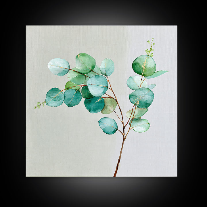 Eucalyptus Branch in Soft Green Watercolor Framed Canvas Print, Spa Art, Fine Art Photography, Spa Decor, Oil Painting, SPA-1x1-27