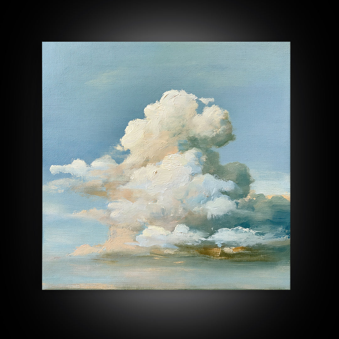 Soft Cloudscape in Cream and Sage Framed Canvas Print, Spa Art, Boho Decor, Spa Decor, Oil Painting, Serenity, Printable Art, SPA-1x1-37